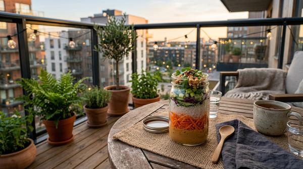 Ein Meal-Prep-Glas mit Glasnudelsalat, Karotten, Lauchzwiebeln und Erdnüssen steht auf einem gemütlichen Balkontisch.
