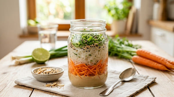 Asia-Salat im Glas mit Soja-Dressing, Karottenstreifen, Glasnudeln, Frühlingszwiebeln und Sesam