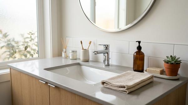 Ein glänzendes Waschbecken mit sauberen Armaturen und einem gefalteten Gästehandtuch.