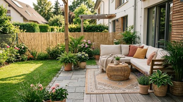 Ein natürlicher Sichtschutz aus Bambusmatten am Zaun einer geräumigen Gartenterrasse, gemütlich im Boho-Stil eingerichtet.