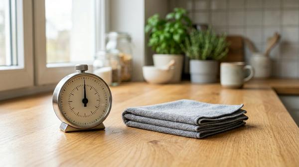 Eine Küchenuhr und ein Mikrofasertuch liegen bereit auf einem sauberen Holztisch.
