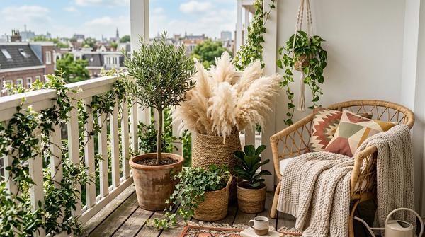 Eine gemütlich eingerichtete Ecke auf einem Balkon im Boho-Stil. Zu sehen sind ein kleiner Olivenbaum im Terrakottatopfen, ein großer Seegraskorb gefüllt mit flauschigem Pampasgras, kleine Grünpflanzen in Jutekörben und ein Rattansessel mit gemusterten Kissen und einer Kuscheldecke im warmen Sonnenlicht.