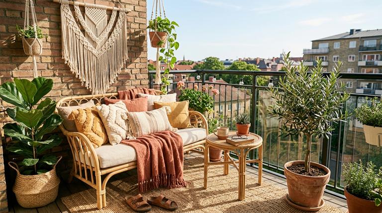 Ein gemütlich gestalteter Boho-Balkon mit Rattanmöbeln, Jute-Teppich und Makramee-Deko in der Nachmittagssonne.