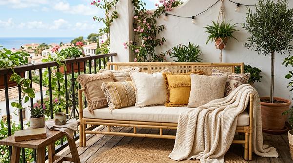 Gemütliche Balkon-Sitzecke mit vielen geschichteten weichen Kissen in Erdtönen und einer Fransendecke.