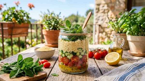 Leichter Couscous-Salat im Glas mit Zitronen-Dressing, Tomaten, Couscous und frischer Minze