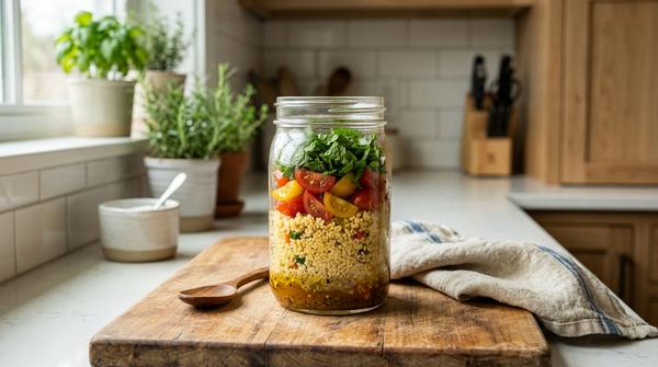 Ein Glas mit Couscous, Tomaten und frischer Minze steht auf einem Holzschneidebrett in einer modernen Küche.