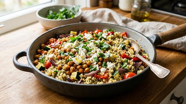 Eine Pfanne voll mit frischem Couscous, Kichererbsen, Gemüse und Feta-Käse.