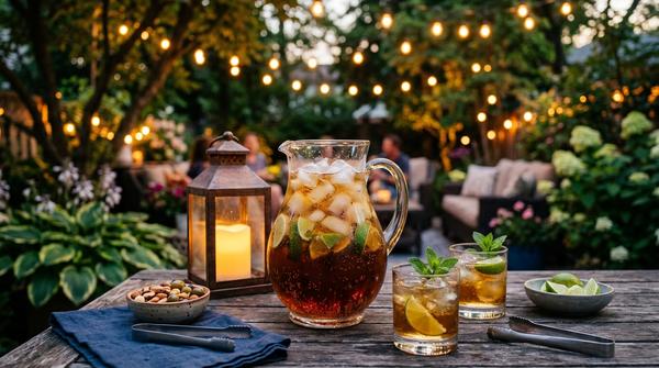 Eine große Karaffe mit einem dunklen Rum-Cocktail, Eis und Limettenspalten steht an einem gemütlichen Sommerabend auf dem Tisch.