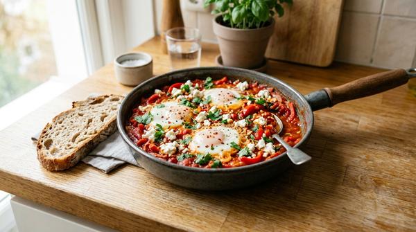 Frische Shakshuka mit pochierten Eiern in würziger Tomatensoße und Feta in einer Bratpfanne.