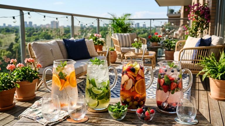 Verschiedene bunte Sommer-Cocktails in großen Glaskaraffen mit viel Eis auf einem sonnigen Balkontisch.