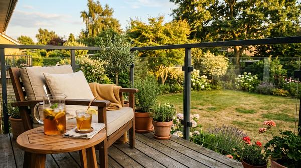 Ein gemütlicher Gartenstuhl auf einer Terrasse mit einem kalten Getränk, im Hintergrund ein echter Rasen mit leichten, trockenen Stellen.