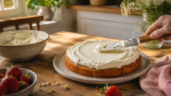 Frischkäse-Sahne-Creme wird auf einem Kuchenboden glatt verstrichen