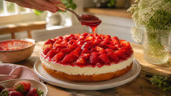 Roter Tortenguss wird mit einem Löffel über frische Erdbeeren auf einem Kuchen gegeben