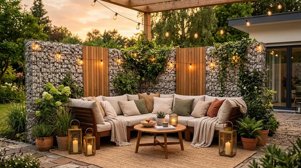 Eine sehr gemütliche, moderne Terrasse im warmen Sonnenlicht. Im Hintergrund ein massiver Sichtschutz aus Gabionen und Holz, davor eine kuschelige Lounge-Ecke mit weichen Kissen.