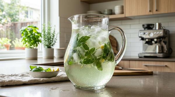 Eine Glaskaraffe mit einem klaren Gin-Cocktail, viel Eis und frischem Basilikum steht in einer modernen Küche.
