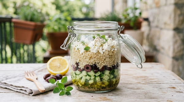 Griechischer Salat im Glas mit Zitronen-Dressing, Gurke, Oliven, Quinoa und Feta
