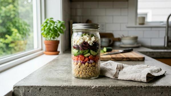 Geschichteter griechischer Salat mit Gurken, Oliven, Quinoa und Feta in einem Glas auf einer Küchenzeile.