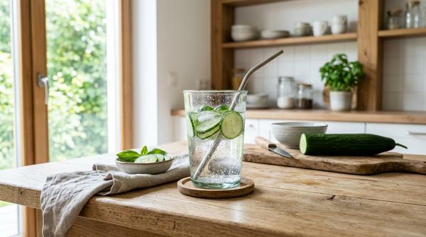 Ein Glas mit einem kühlen Drink aus Mineralwasser, Gurkenscheiben, Basilikumblättern und Eiswürfeln steht auf einem hellen Holztisch.