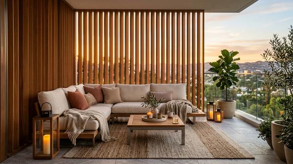 Eine hochmoderne und extrem gemütliche Terrasse im warmen Sonnenlicht mit einem stylischen Sichtschutz aus vertikalen Holzlamellen und einer einladenden Lounge-Ecke.