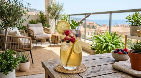 Ein hohes Glas mit kühlem grünem Eistee, Eiswürfeln, Zitronenscheiben und tiefgekühlten Beeren steht auf einer sonnigen Terrasse.
