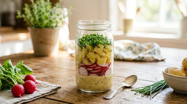 Kartoffel-Radieschen-Salat im Glas mit Senf-Dressing, Radieschen, Kartoffelwürfeln und Schnittlauch