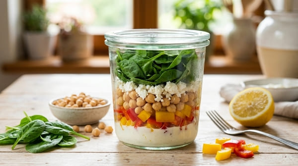 Salat im Glas mit Joghurt-Dressing, Paprika, Kichererbsen, Feta und Babyspinat