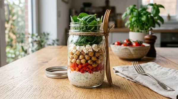 Ein Glas mit geschichtetem Kichererbsen-Salat, Paprika, Feta und Spinatblättern steht auf einem hellen Holztisch.