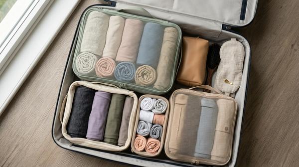 Platzsparend gerollte Kleidungsstücke ordentlich verstaut in modernen Packwürfeln.