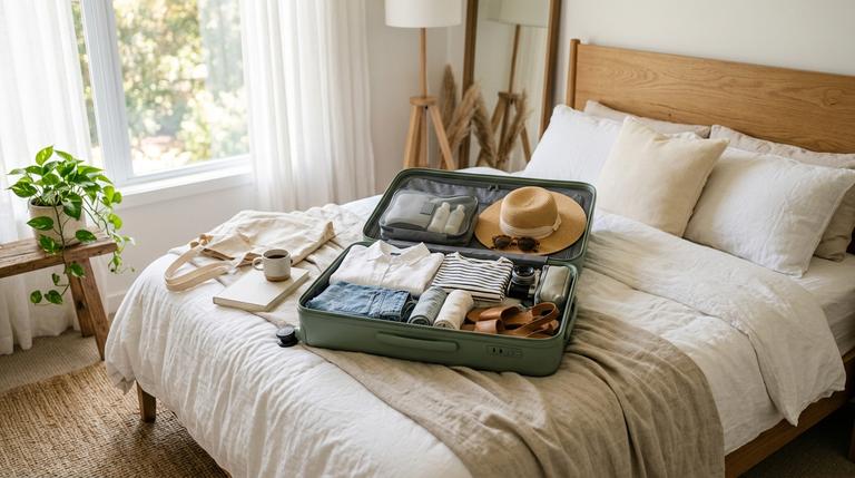 Ein ordentlich gepackter Koffer auf einem hellen Bett als Symbol für eine stressfreie Urlaubsvorbereitung.