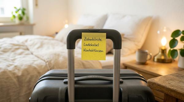 Ein beschriebener gelber Notizzettel klebt als letzte Erinnerung am Griff eines modernen Koffers.