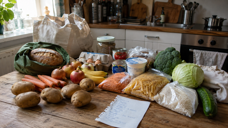 Wocheneinkauf mit frischem Gemüse, Brot, Kartoffeln, Reis, Nudeln und Einkaufsliste auf einem Küchentisch