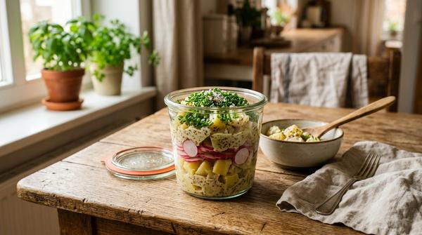 Ein Meal-Prep-Glas mit Kartoffelwürfeln, Radieschen und Schnittlauch in Schichten auf einem Holztisch.