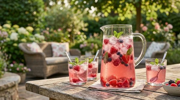 Eine große Glaskaraffe gefüllt mit einem pinken Lillet Wild Berry Cocktail, Eiswürfeln und Beeren steht auf einem Holztisch.