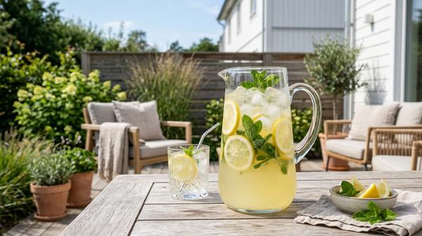 Ein eiskalter, gelber Limoncello-Cocktail mit frischen Zitronenscheiben und Minze in einer großen Karaffe.