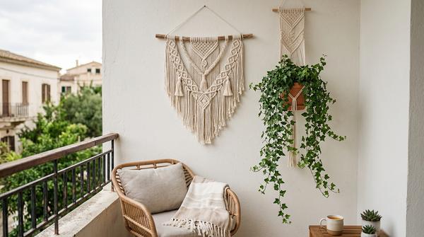Ein handgeknüpfter Makramee-Wandbehang und eine Blumenampel mit Hängepflanze an einer Balkonwand.