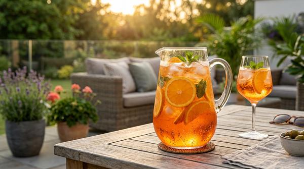 Eine Glaskaraffe mit leuchtend orangem Maracuja-Aperol-Spritz, viel Eis und Orangenscheiben auf einem Gartentisch.