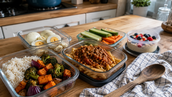 Vorbereitete Meal-Prep-Boxen mit Reis, Gemüse, Nudeln, Eiern und Snacks auf einem Holztisch
