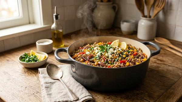 Ein Topf mit fertiger, mediterraner Quinoa-Gemüse-Pfanne auf dem Herd.