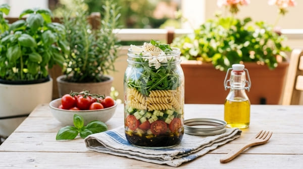 Mediterraner Nudelsalat im Glas mit Dressing, Tomaten, Gurke, gekochten Nudeln und Rucola