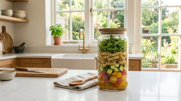 Ein Meal-Prep-Glas mit geschichtetem Nudelsalat aus Tomaten, Gurken, Nudeln und Rucola auf einer Küchenarbeitsplatte.