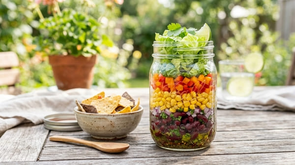 Bunter Salat im Glas mit Limetten-Dressing, Kidneybohnen, roter Zwiebel, Mais und Paprika