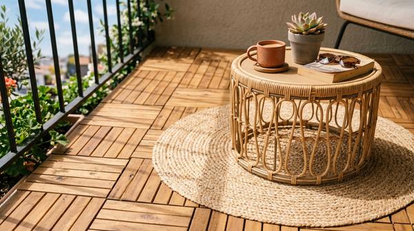 Ein runder Jute-Outdoor-Teppich und ein Rattan-Beistelltisch auf warmen Holzfliesen.