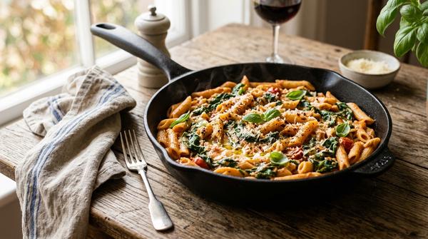 Cremige One-Pot-Pasta mit Penne-Nudeln, Tomatensoße und frischem Spinat in einer tiefen Pfanne.