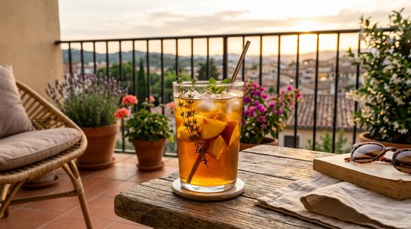 Ein Glas mit selbstgemachtem Eistee, frischen Pfirsichstücken und Thymianzweigen steht auf einem gemütlichen Balkontisch im goldenen Abendlicht.