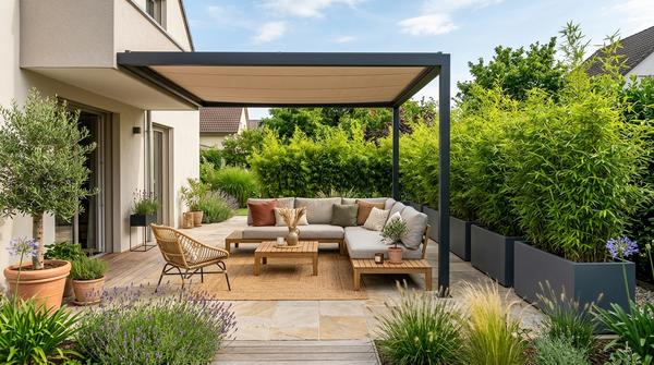Moderne Gartenterrasse mit gemütlicher Sitzecke. An der Grundstücksgrenze stehen schicke Pflanzkästen mit hohen Gräsern als gepflegter Sichtschutz.