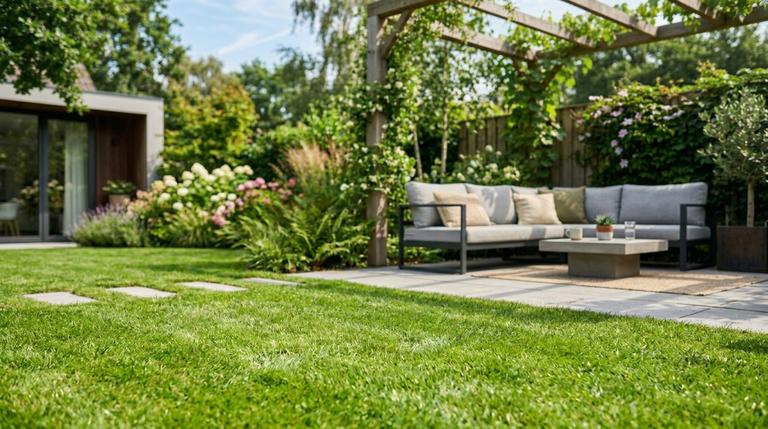 Ein gepflegter, grüner Rasen an einem sonnigen Sommertag, im Hintergrund eine moderne und schicke Outdoor-Lounge auf der Terrasse.