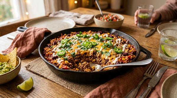 Bunte Reis-Hack-Pfanne im Mexican Style mit Kidneybohnen und Mais in einer tiefen Pfanne.