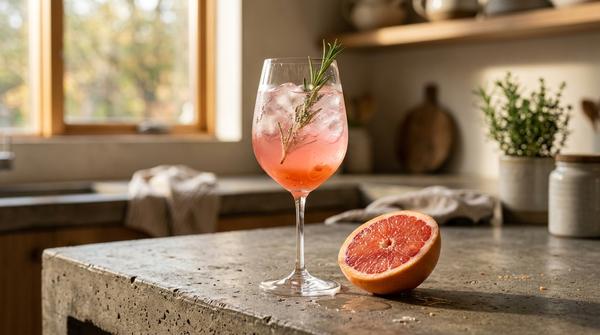 Ein Glas mit pinkem Grapefruit-Mocktail und einem Zweig Rosmarin steht auf einer modernen Küchenarbeitsplatte neben einer halbierten Grapefruit.