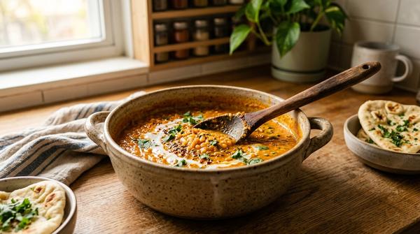 Ein Topf mit cremigem, wärmendem Rote-Linsen-Dal auf dem Herd.