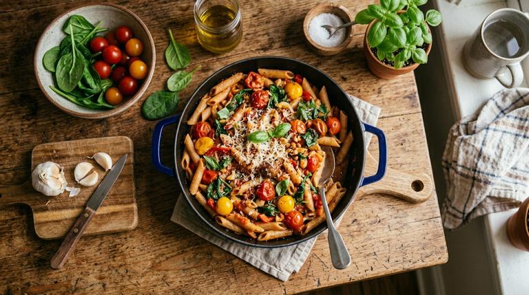 Eine große, ästhetische Pfanne mit einem frischen One-Pot-Nudelgericht auf einer modernen Küchenarbeitsplatte.